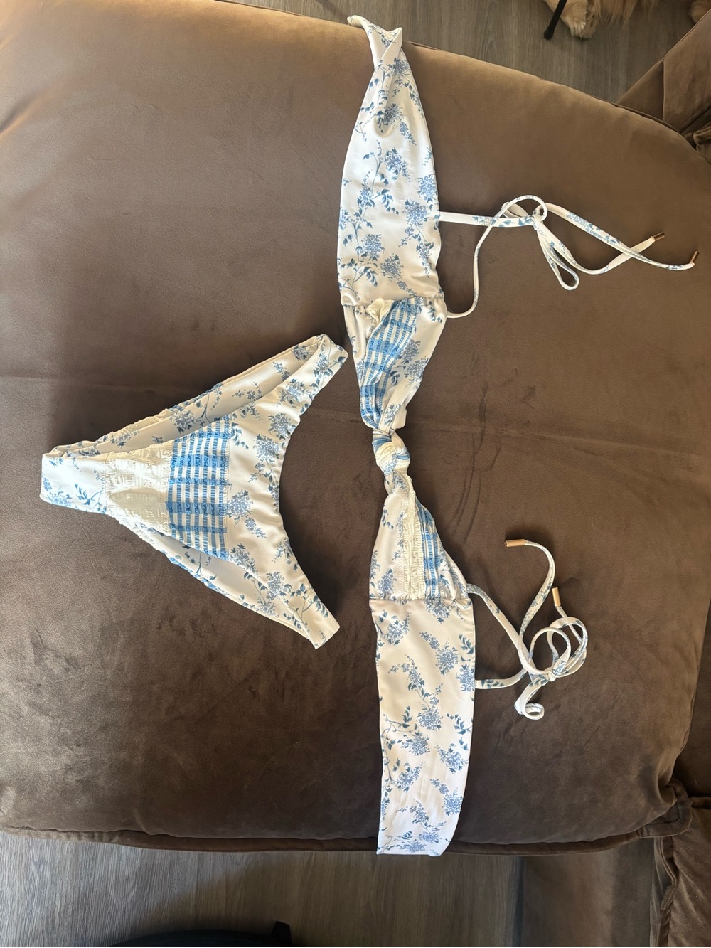 Girls White and Blue Floral Bikini Set with Gingham Accent